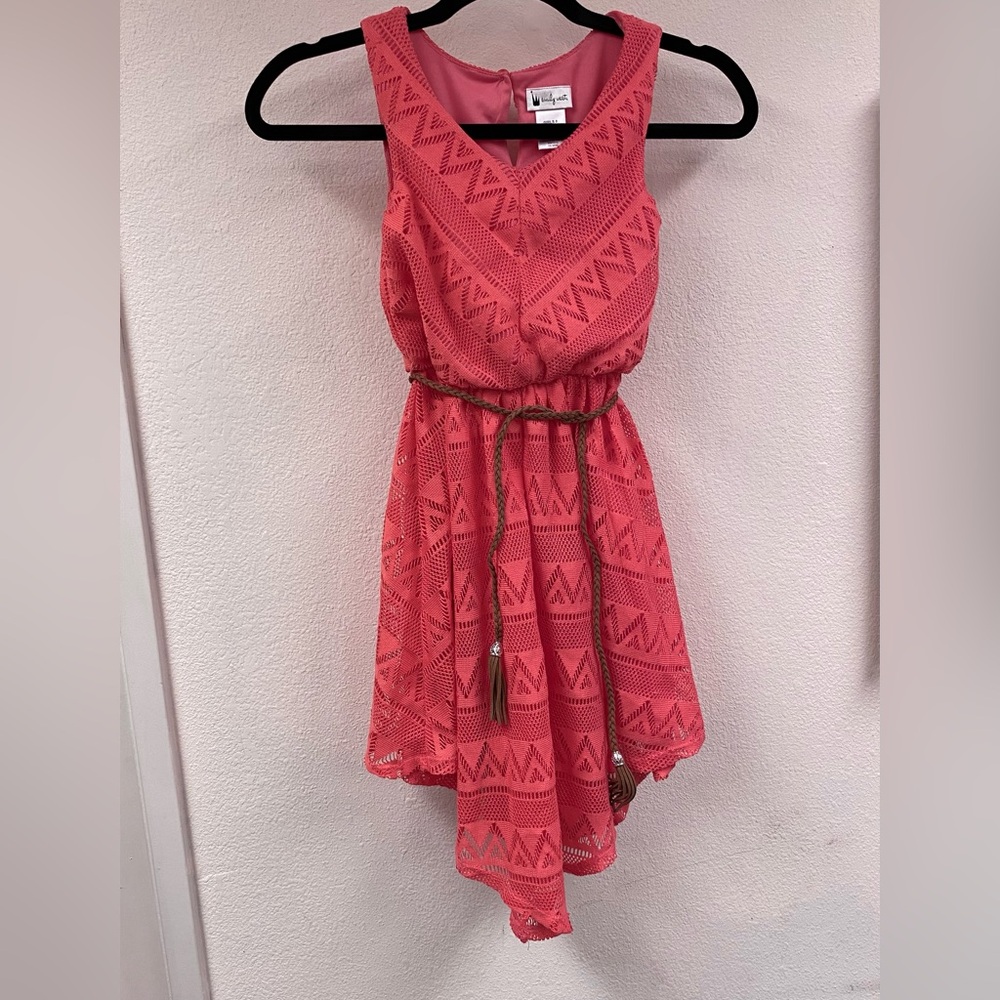 Emily West coral pink dress with lace and leather braided belt, size 8